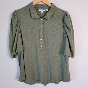Chicos Olive Green Short Puff Sleeve Top Sz XL Business Casual Preppy Feminine